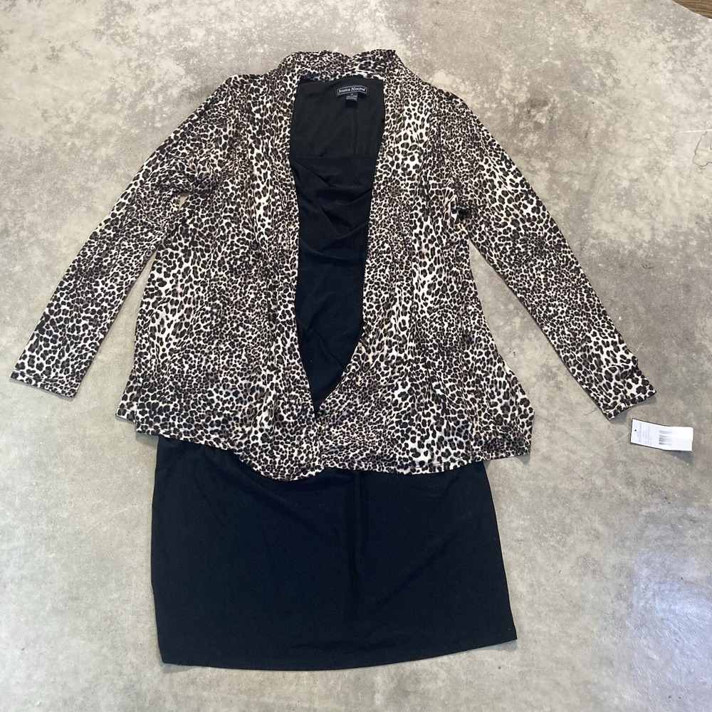 Jessica Howard NWT Women's 14 Black Sheath Dress Leopard Print Attached Jacket